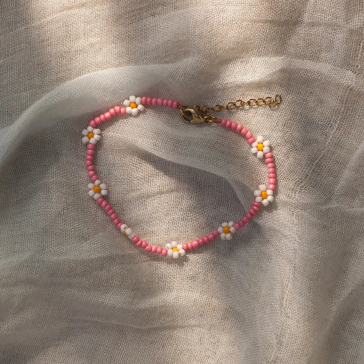 Fia - Daisy Flowers Pink Bead Summer Bracelet Timi of Sweden