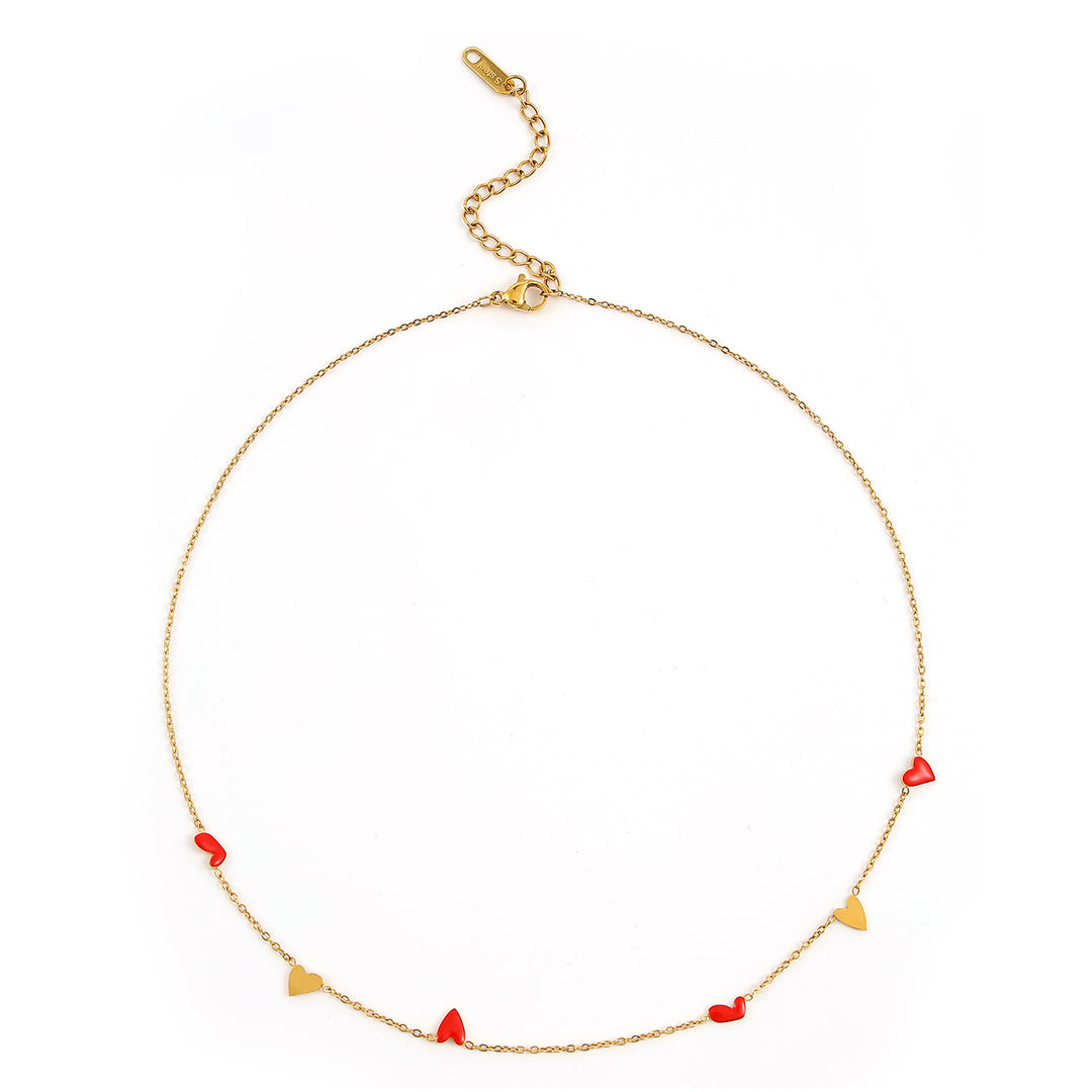 Linnea - Heart Chain Necklace Red & Gold Stainless Steel