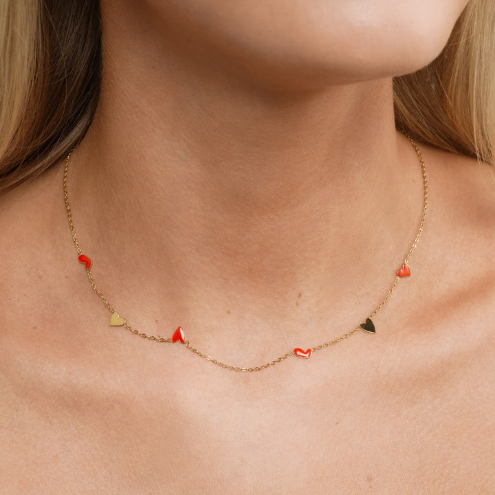 Linnea - Heart Chain Necklace Red & Gold Stainless Steel