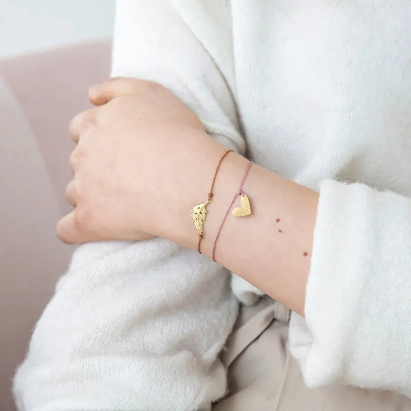 Silk Bracelet with gold Feather in Brown